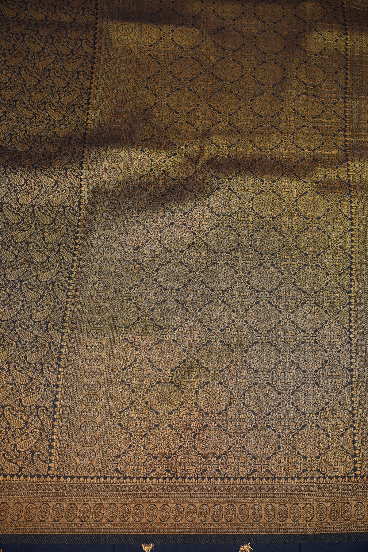 Soft Banarasi Semi Silk Saree with Full Brocade Body – Black & Antique Gold