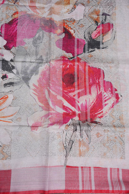 Digital Printed Pure Linen Saree - Half White