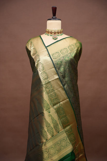 Green Pure Kanchipuram Silk Saree with Antique Gold Zari Weaving | Silk Mark Certified