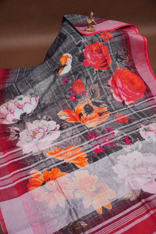 Digital Printed Pure Linen Saree - Grey