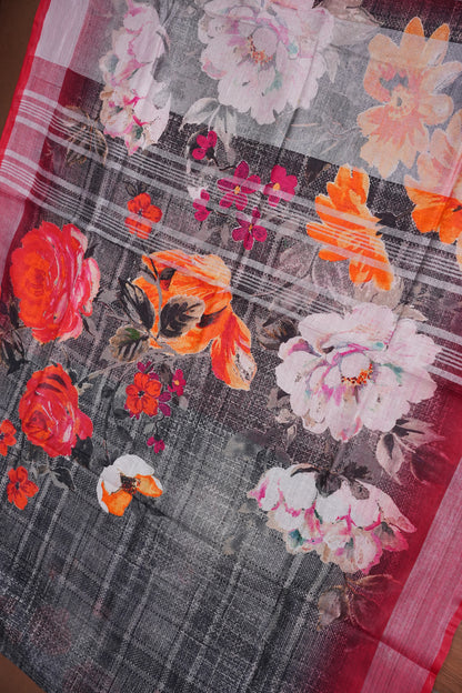 Digital Printed Pure Linen Saree - Grey