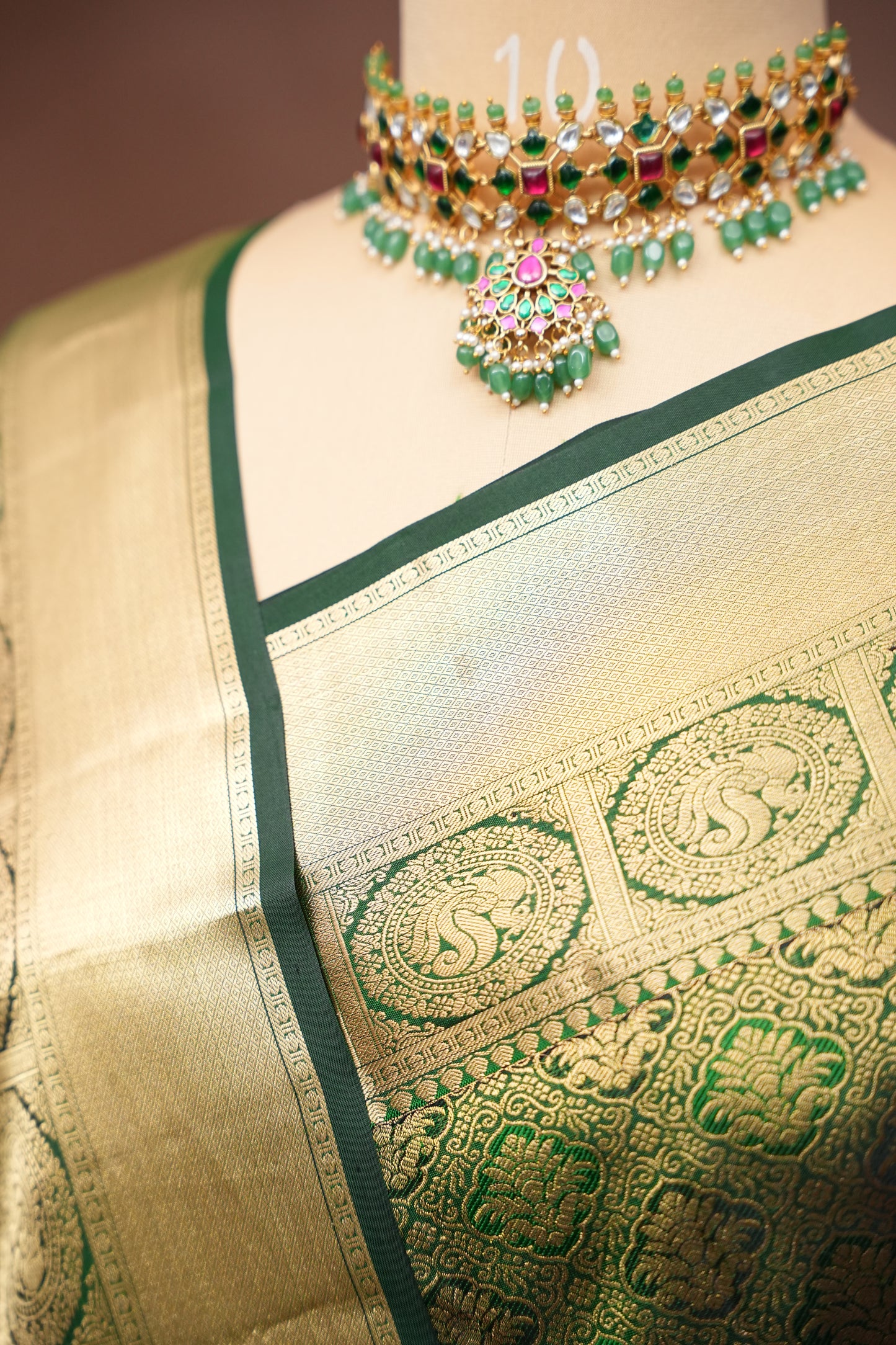 Green Pure Kanchipuram Silk Saree with Antique Gold Zari Weaving | Silk Mark Certified