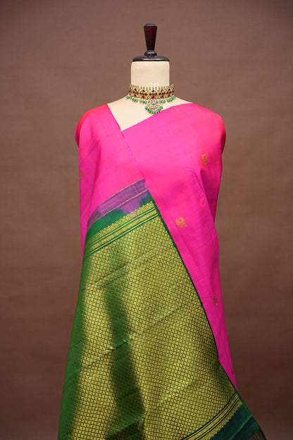 Rani Pink & Green Pure Kanchipuram Silk Saree with Zari Checks Pallu | Silk Mark Certified