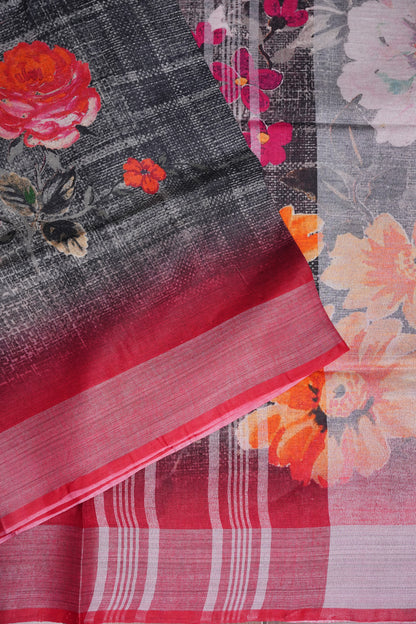 Digital Printed Pure Linen Saree - Grey