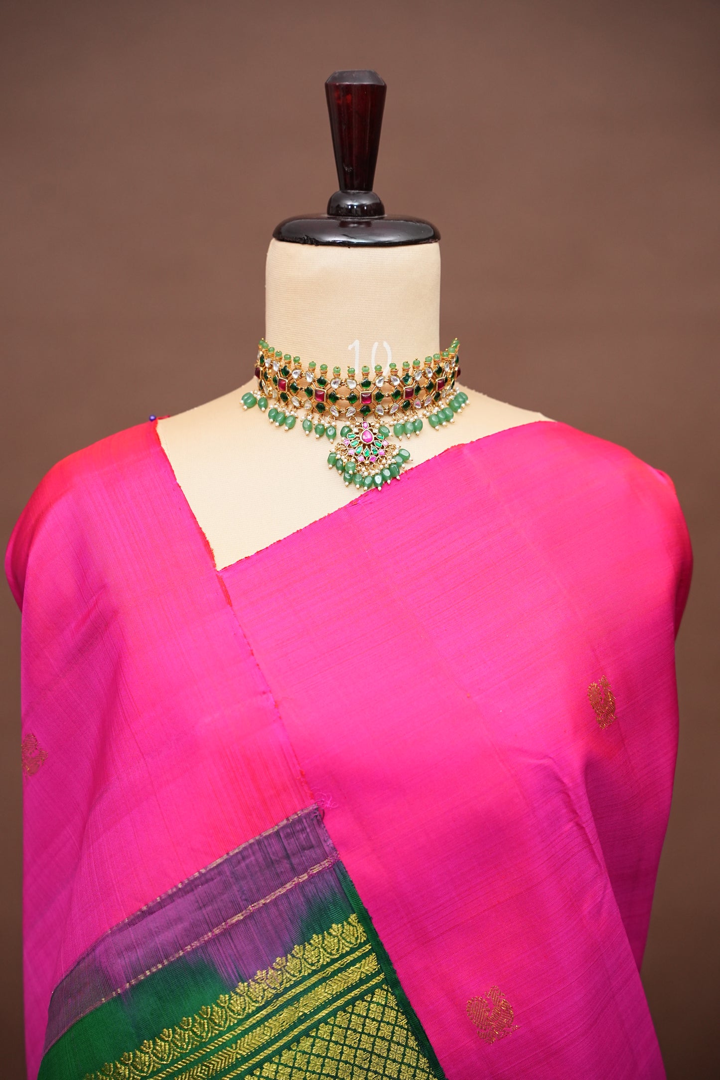Rani Pink & Green Pure Kanchipuram Silk Saree with Zari Checks Pallu | Silk Mark Certified