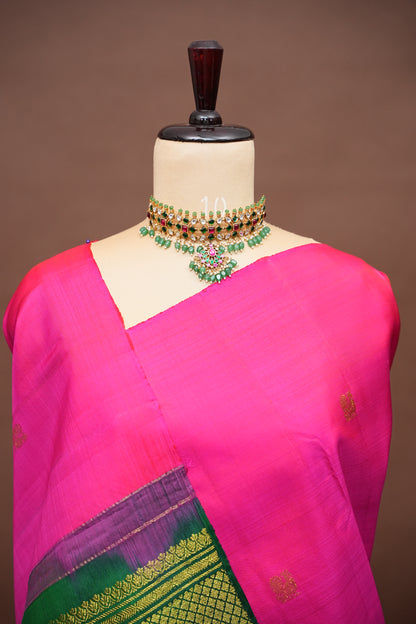 Rani Pink & Green Pure Kanchipuram Silk Saree with Zari Checks Pallu | Silk Mark Certified