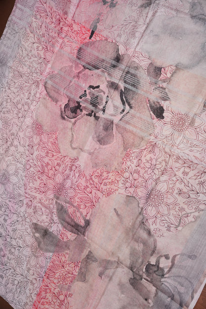 Digital Printed Pure Linen Saree - White