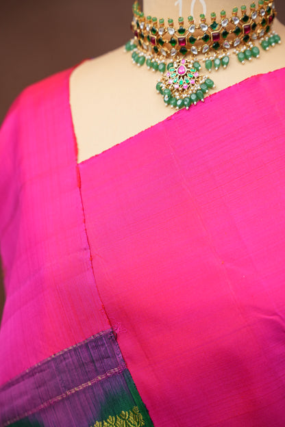 Rani Pink & Green Pure Kanchipuram Silk Saree with Zari Checks Pallu | Silk Mark Certified