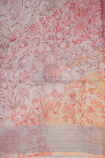 Digital Printed Pure Linen Saree - White