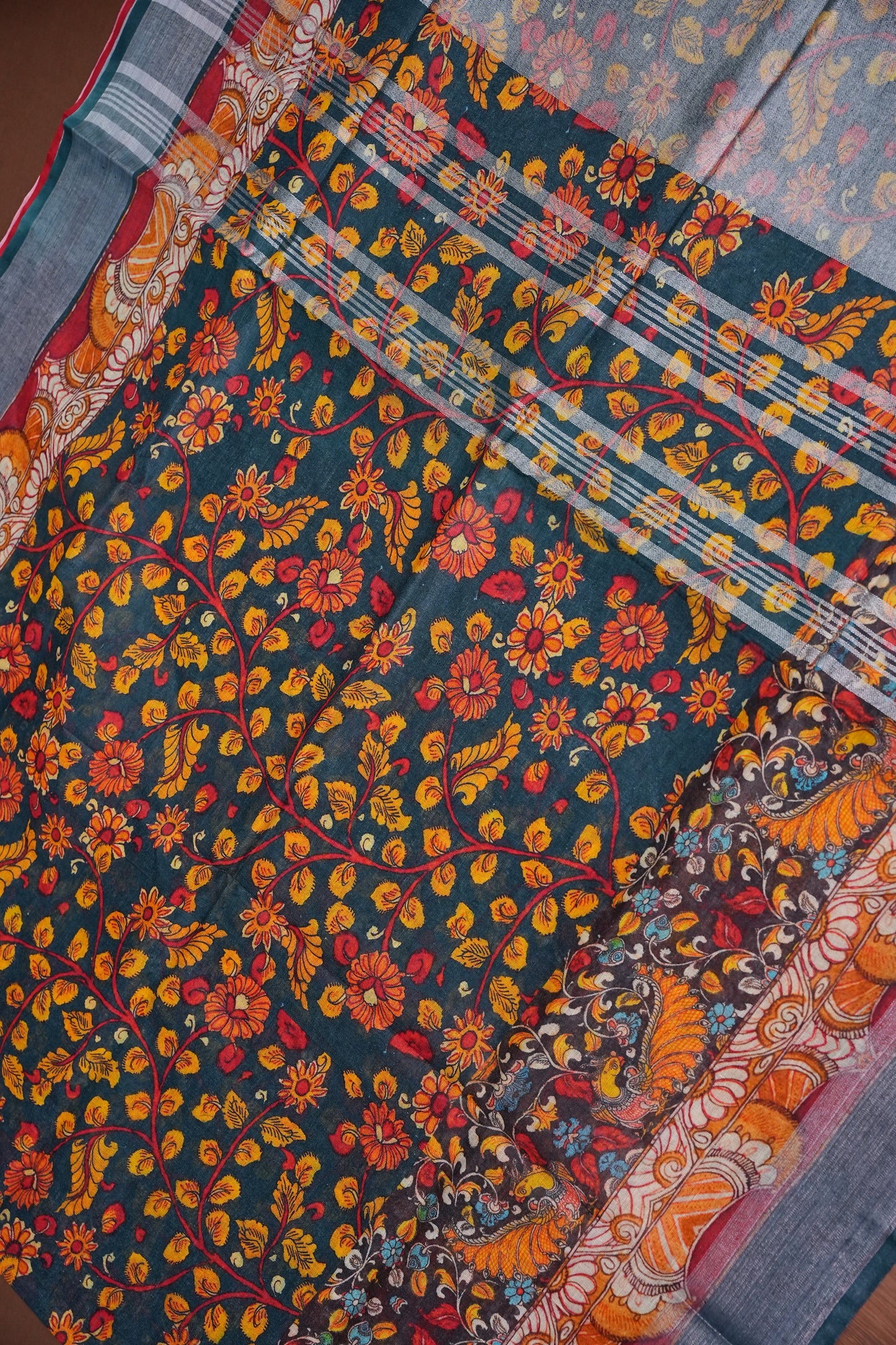 Digital Printed Pure Linen Saree - Elephant Grey