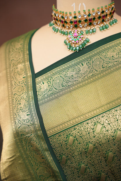 Olive Green Pure Kanchipuram Silk Saree with Brocade Zari Weaving | Silk Mark Certified