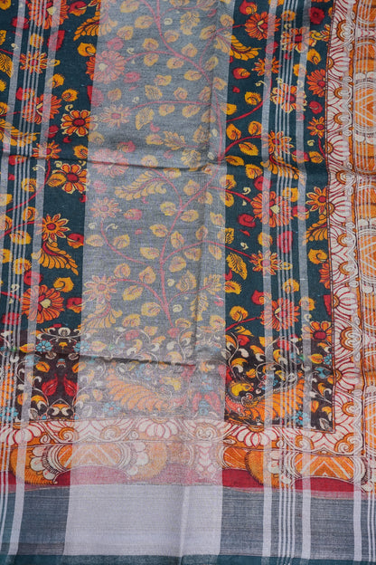 Digital Printed Pure Linen Saree - Elephant Grey