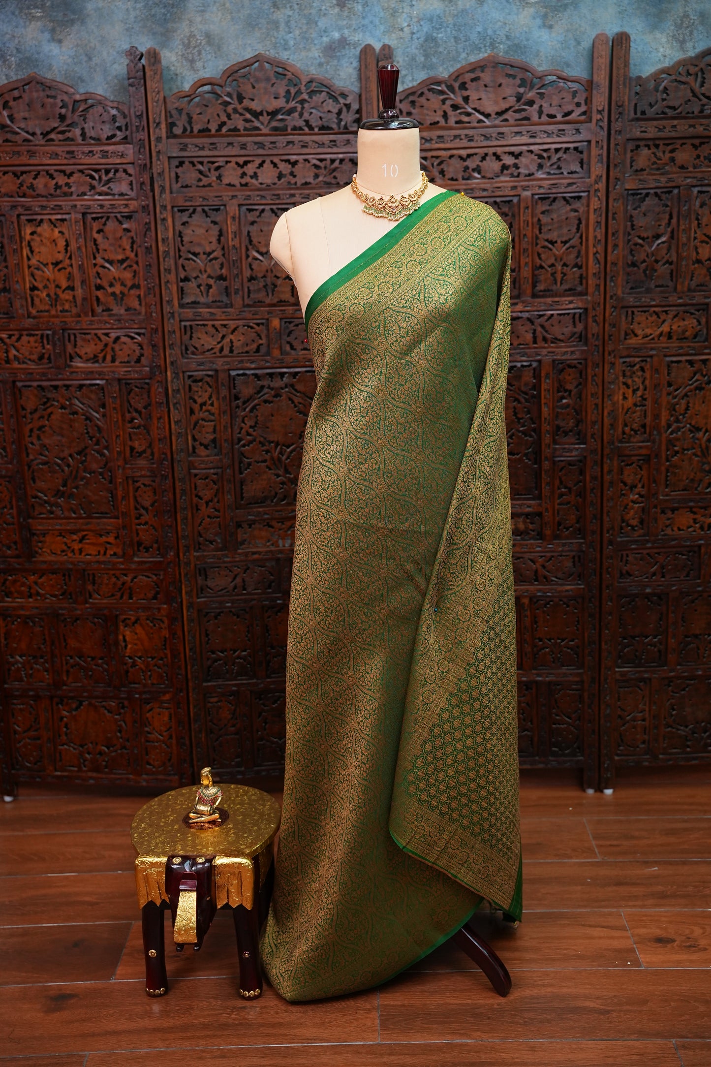 Soft Banarasi Semi Silk Saree with Full Brocade Body – Green & Antique Gold