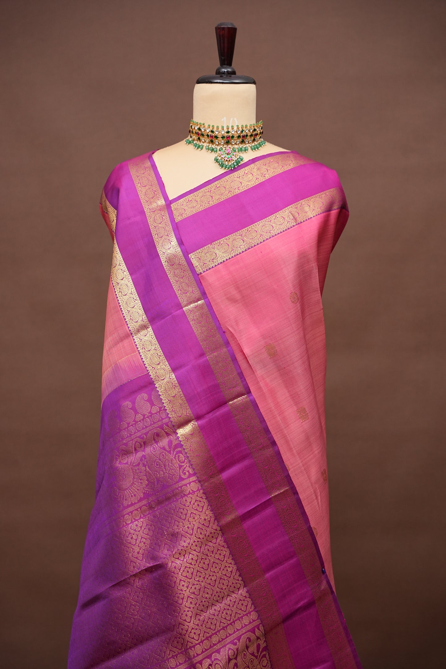 Peach & Magenta Pure Kanchipuram Silk Saree with Rich Zari Border|Silk Mark Certified