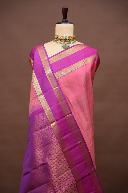 Peach & Magenta Pure Kanchipuram Silk Saree with Rich Zari Border|Silk Mark Certified