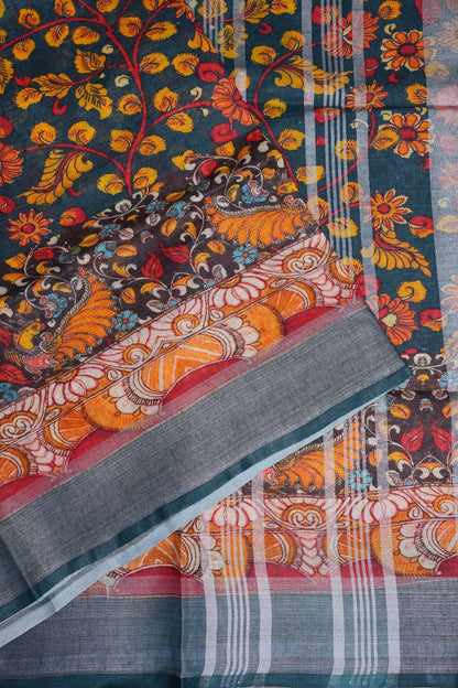 Digital Printed Pure Linen Saree - Elephant Grey