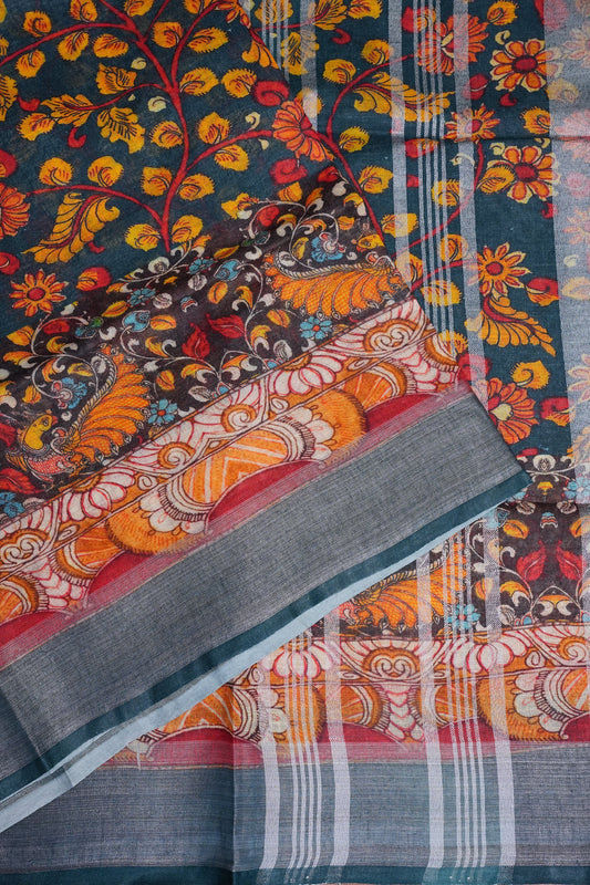 Digital Printed Pure Linen Saree - Elephant Grey