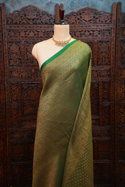 Soft Banarasi Semi Silk Saree with Full Brocade Body – Green & Antique Gold