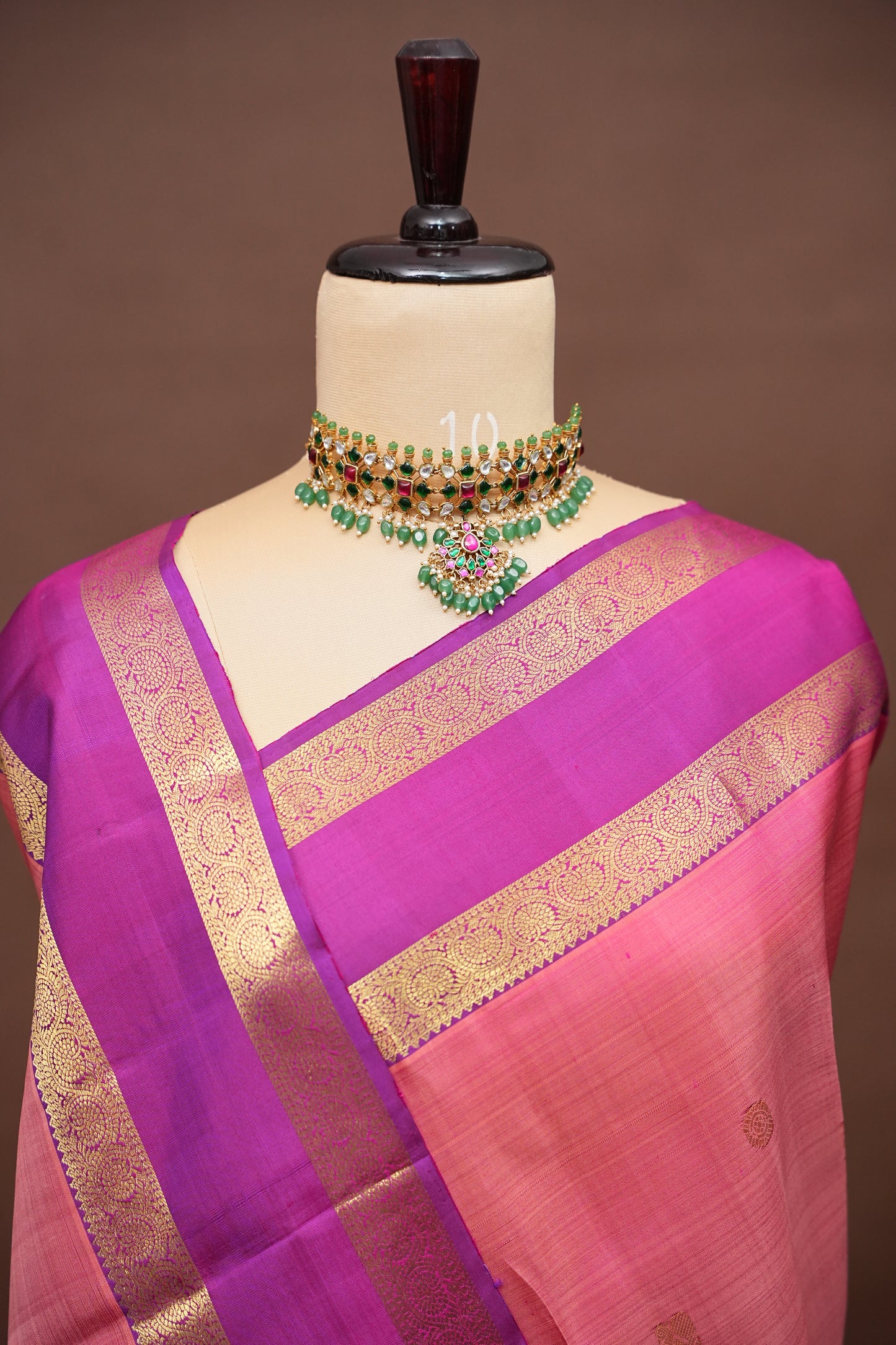 Peach & Magenta Pure Kanchipuram Silk Saree with Rich Zari Border|Silk Mark Certified