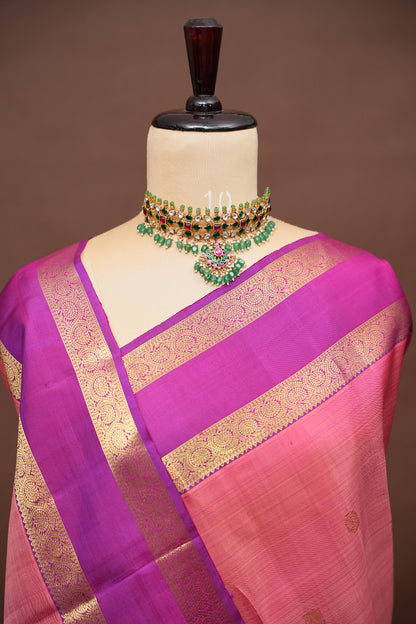Peach & Magenta Pure Kanchipuram Silk Saree with Rich Zari Border|Silk Mark Certified