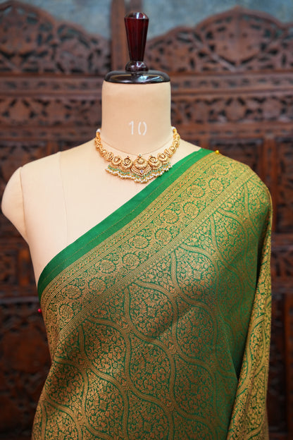 Soft Banarasi Semi Silk Saree with Full Brocade Body – Green & Antique Gold