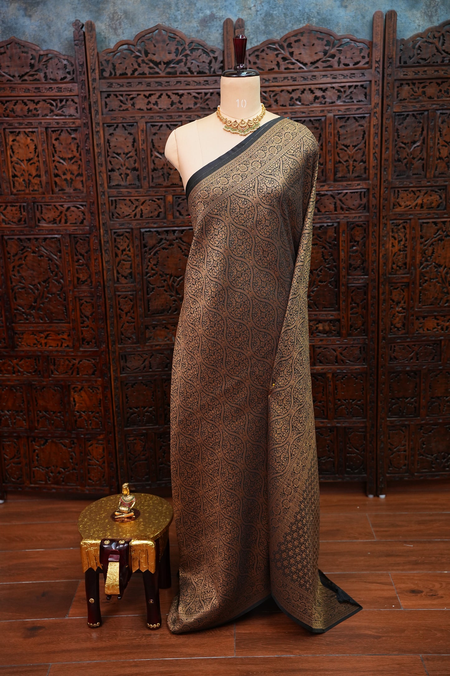 Soft Banarasi Semi Silk Saree with Full Brocade Body – Black & Antique Gold