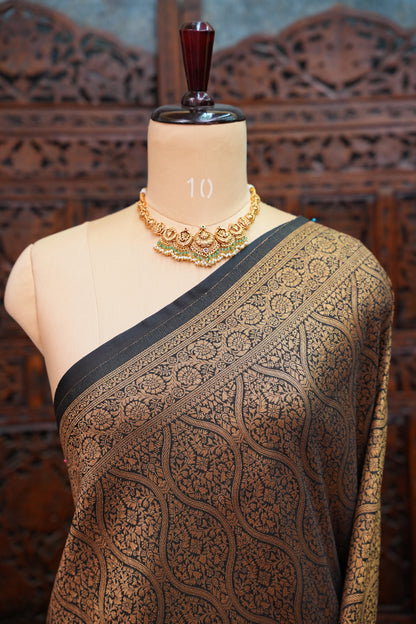 Soft Banarasi Semi Silk Saree with Full Brocade Body – Black & Antique Gold