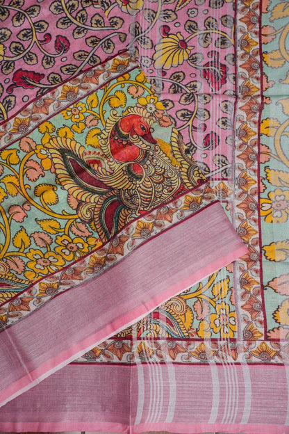 Digital Printed Pure Linen Saree - Baby Pink