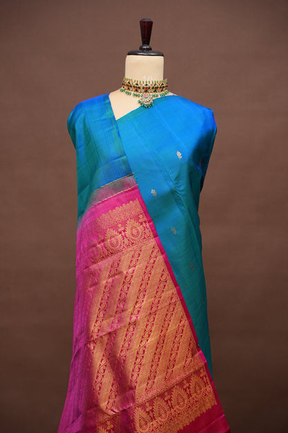 Dual Tone Blue & Pink Pure Kanchipuram Silk Saree with Rich Zari Work | Silk Mark Certified