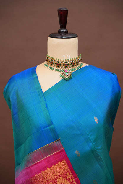 Dual Tone Blue & Pink Pure Kanchipuram Silk Saree with Rich Zari Work | Silk Mark Certified