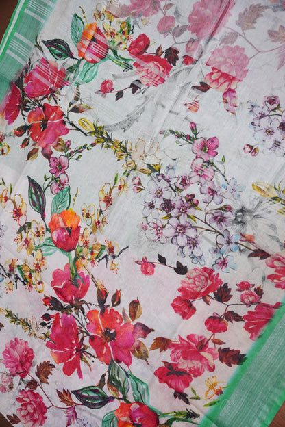 Digital Printed Pure Linen Saree - White