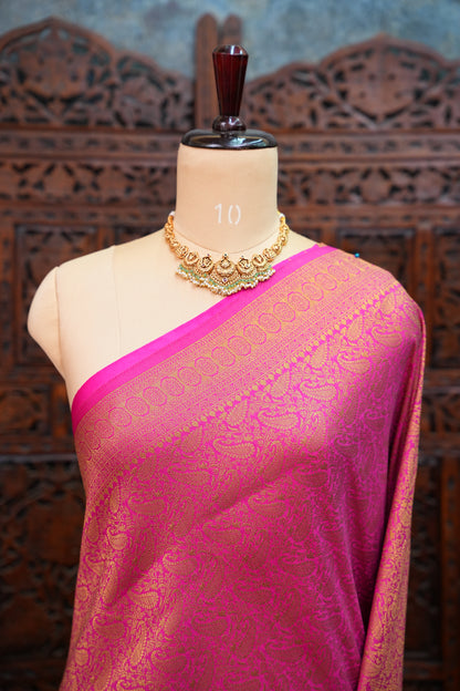 Soft Banarasi Semi Silk Saree with Full Brocade Body – Pink & Antique Gold