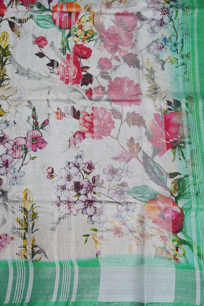 Digital Printed Pure Linen Saree - White