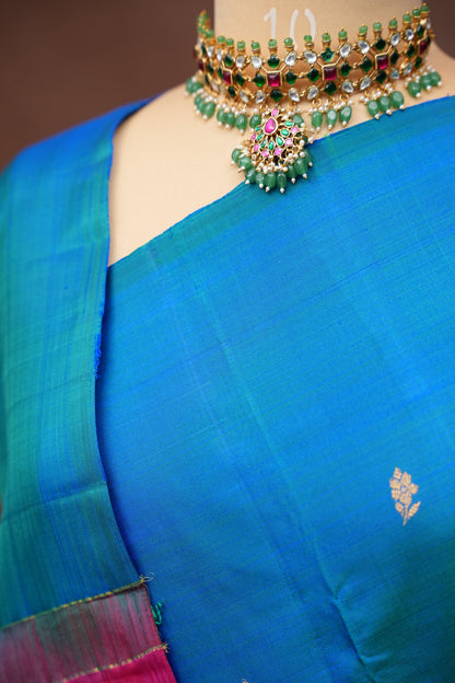 Dual Tone Blue & Pink Pure Kanchipuram Silk Saree with Rich Zari Work | Silk Mark Certified