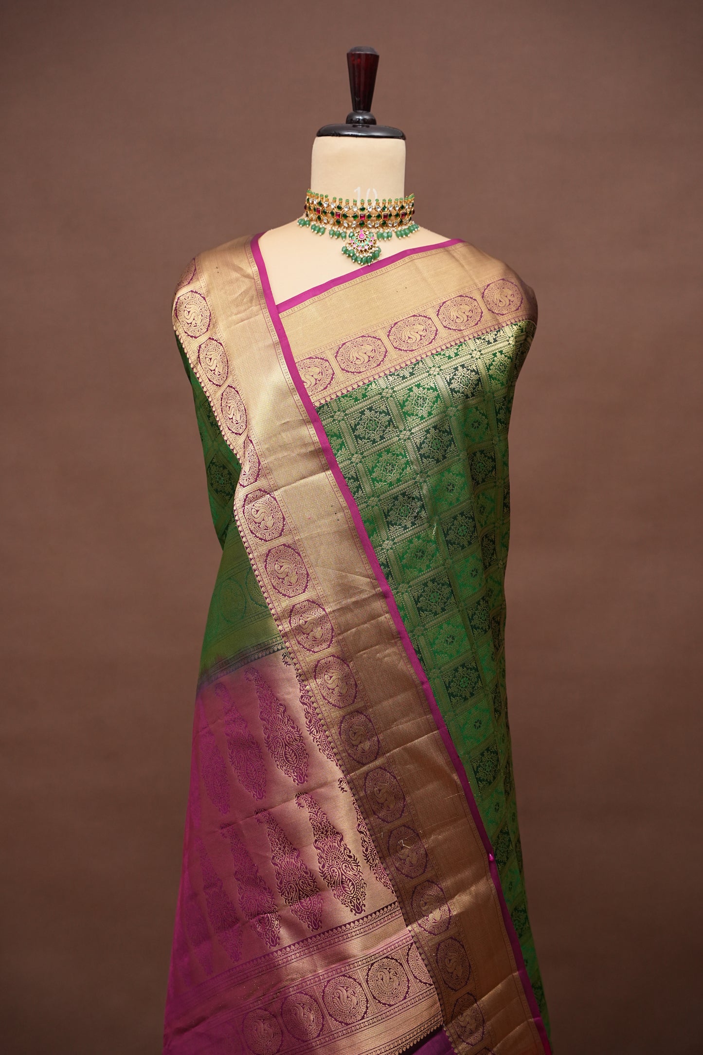 Bottle Green & Magenta Pure Kanchipuram Silk Saree|Silk Mark Certified