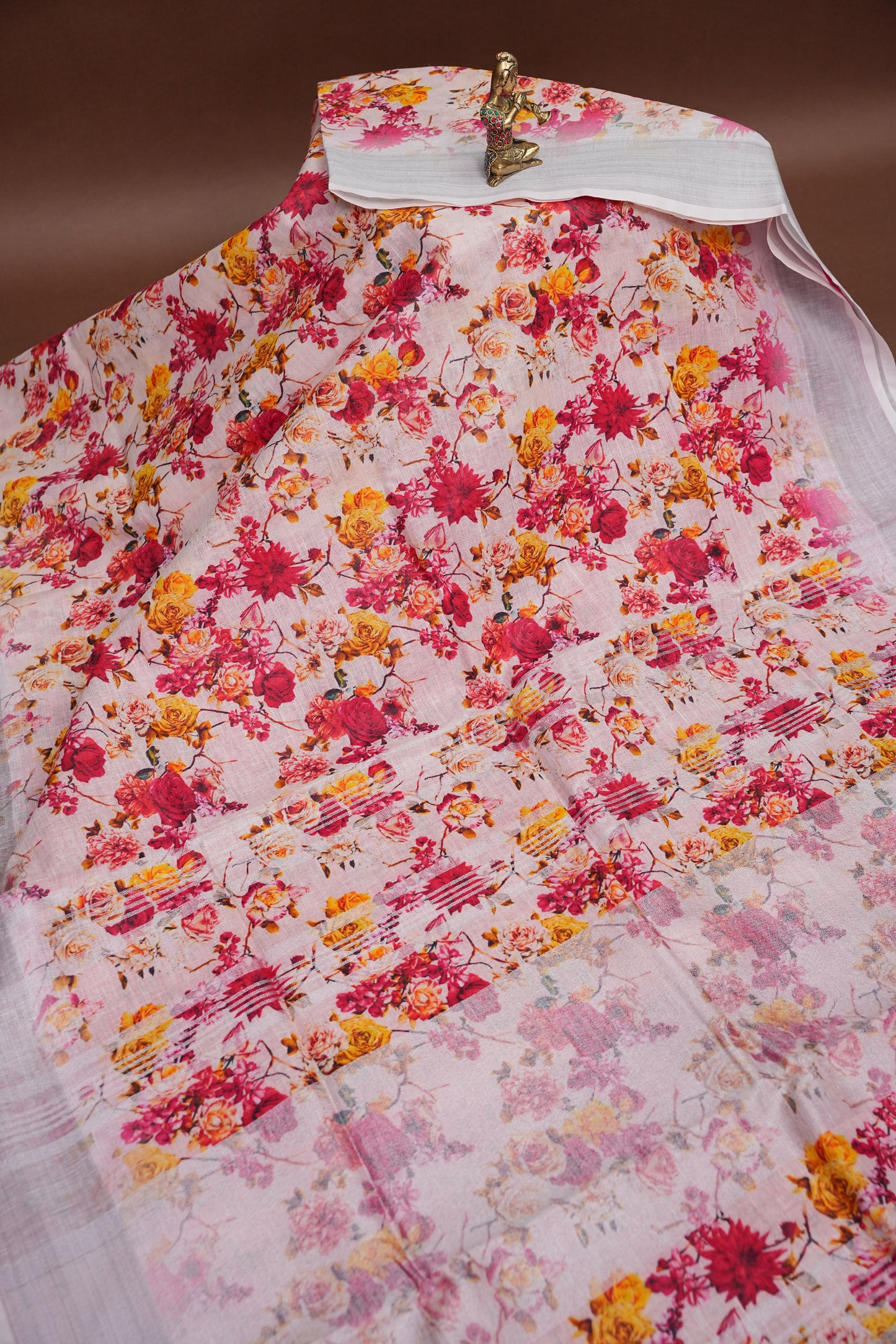 Digital Printed Pure Linen Saree - White