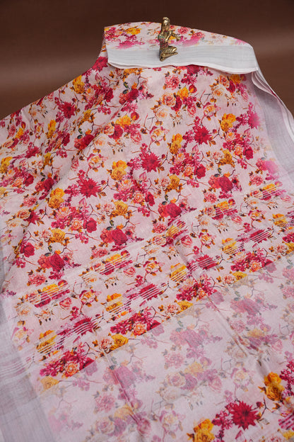 Digital Printed Pure Linen Saree - White