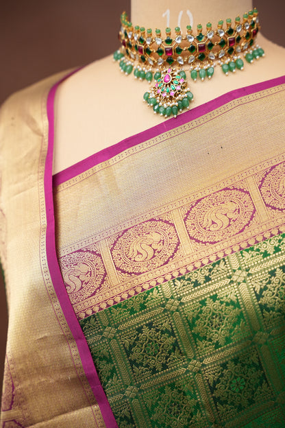 Bottle Green & Magenta Pure Kanchipuram Silk Saree|Silk Mark Certified