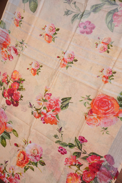 Digital Printed Pure Linen Saree - Beige