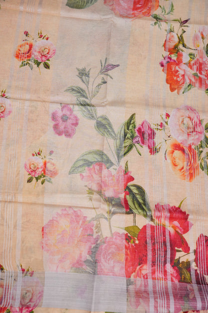 Digital Printed Pure Linen Saree - Beige