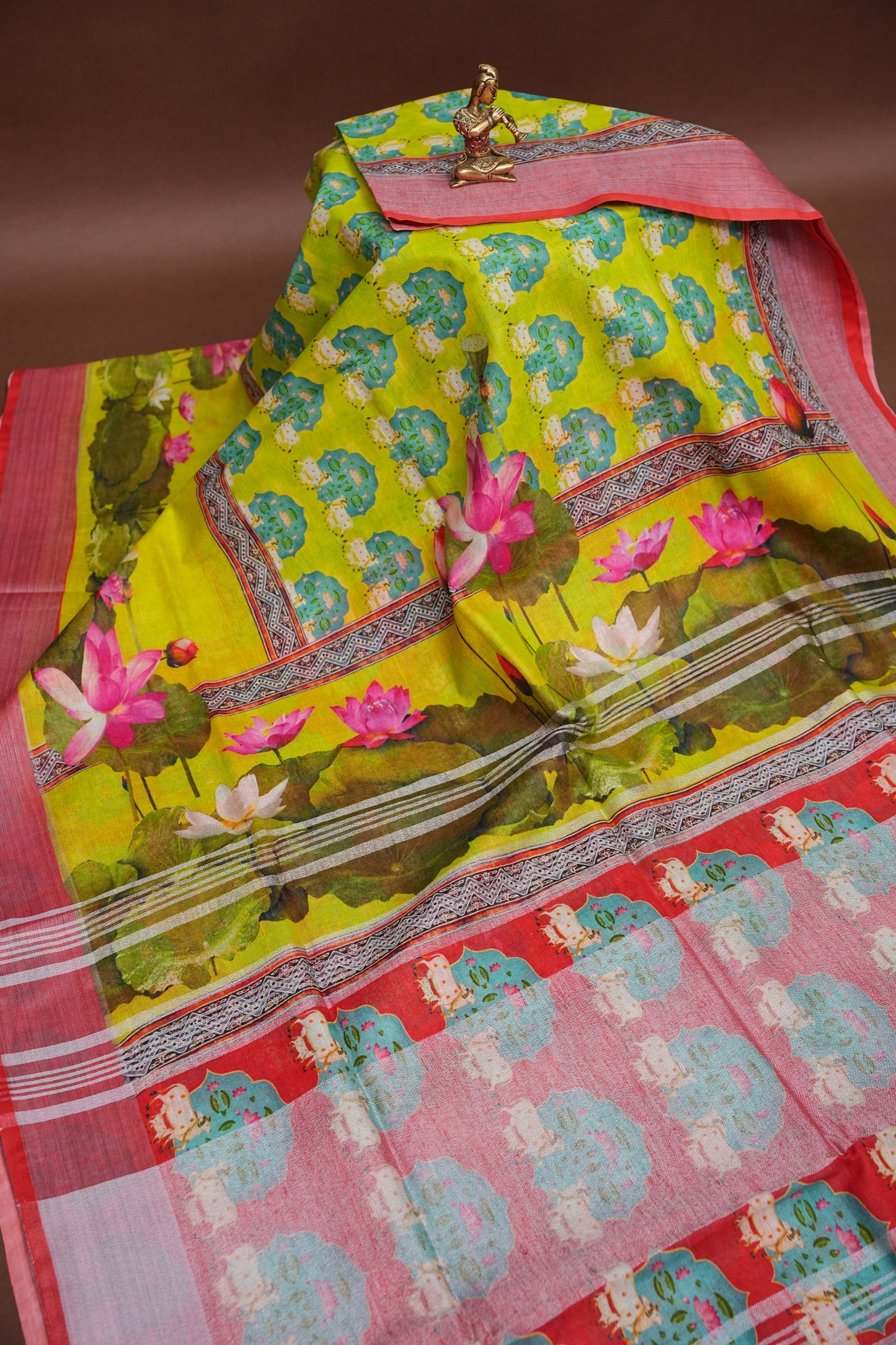 Digital Printed Pure Linen Saree - Parrot Green
