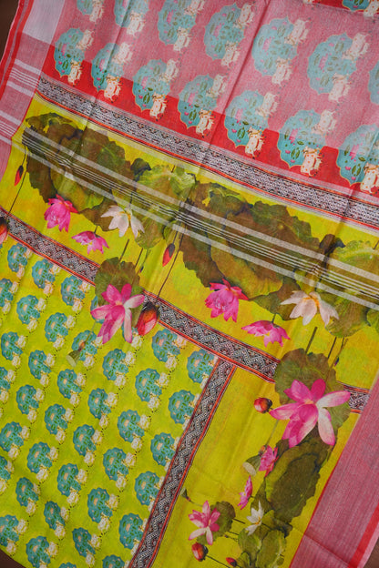 Digital Printed Pure Linen Saree - Parrot Green