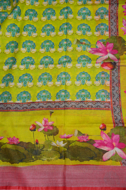 Digital Printed Pure Linen Saree - Parrot Green