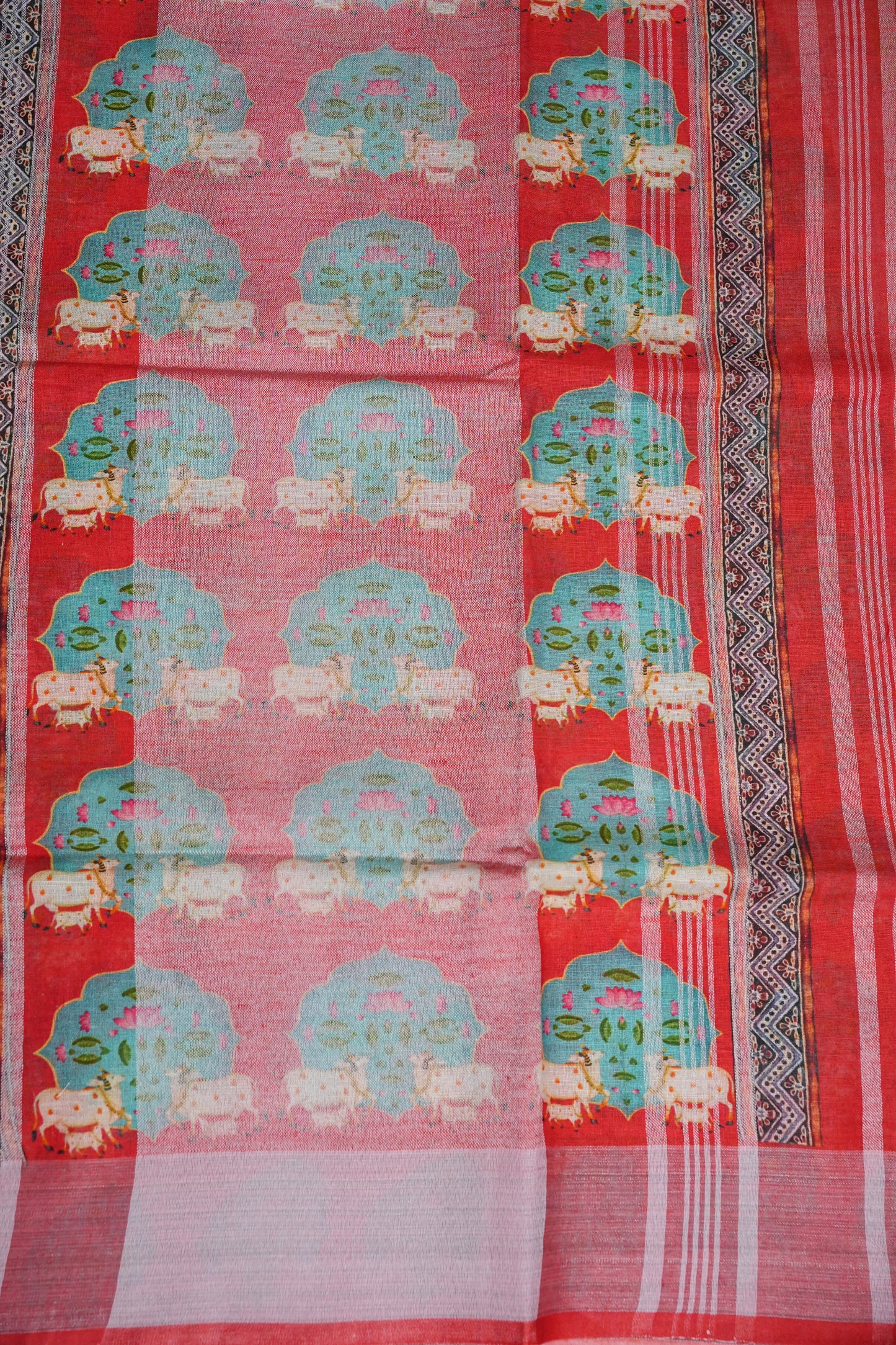 Digital Printed Pure Linen Saree - Parrot Green