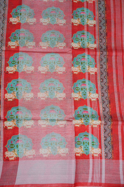 Digital Printed Pure Linen Saree - Parrot Green