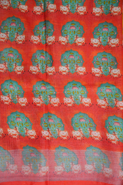 Digital Printed Pure Linen Saree - Parrot Green