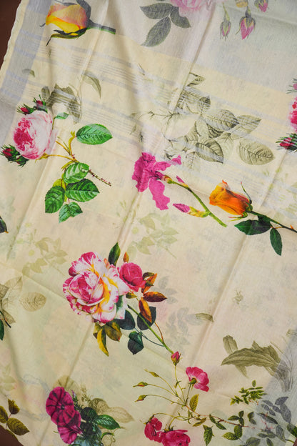 Digital Printed Pure Linen Saree - Beige