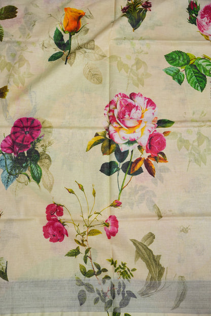 Digital Printed Pure Linen Saree - Beige