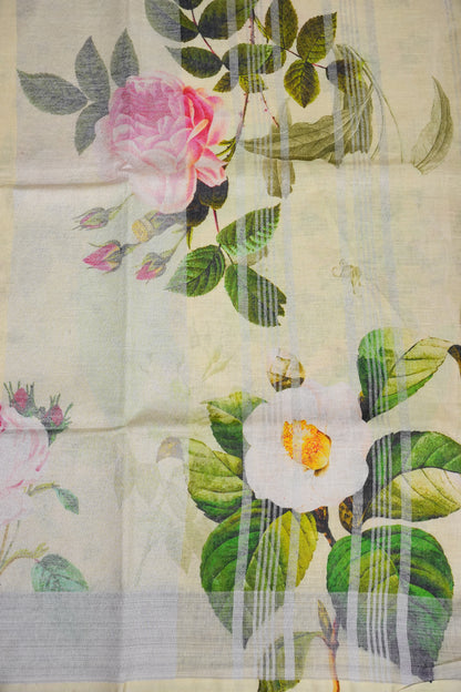 Digital Printed Pure Linen Saree - Beige