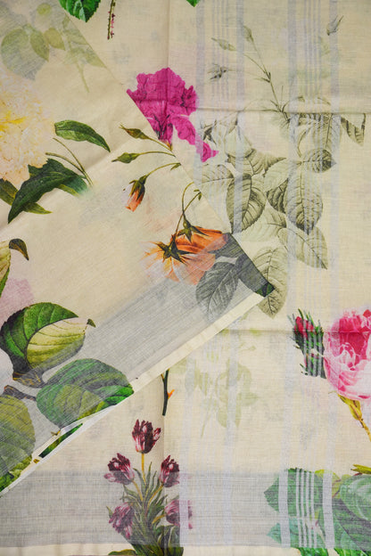 Digital Printed Pure Linen Saree - Beige
